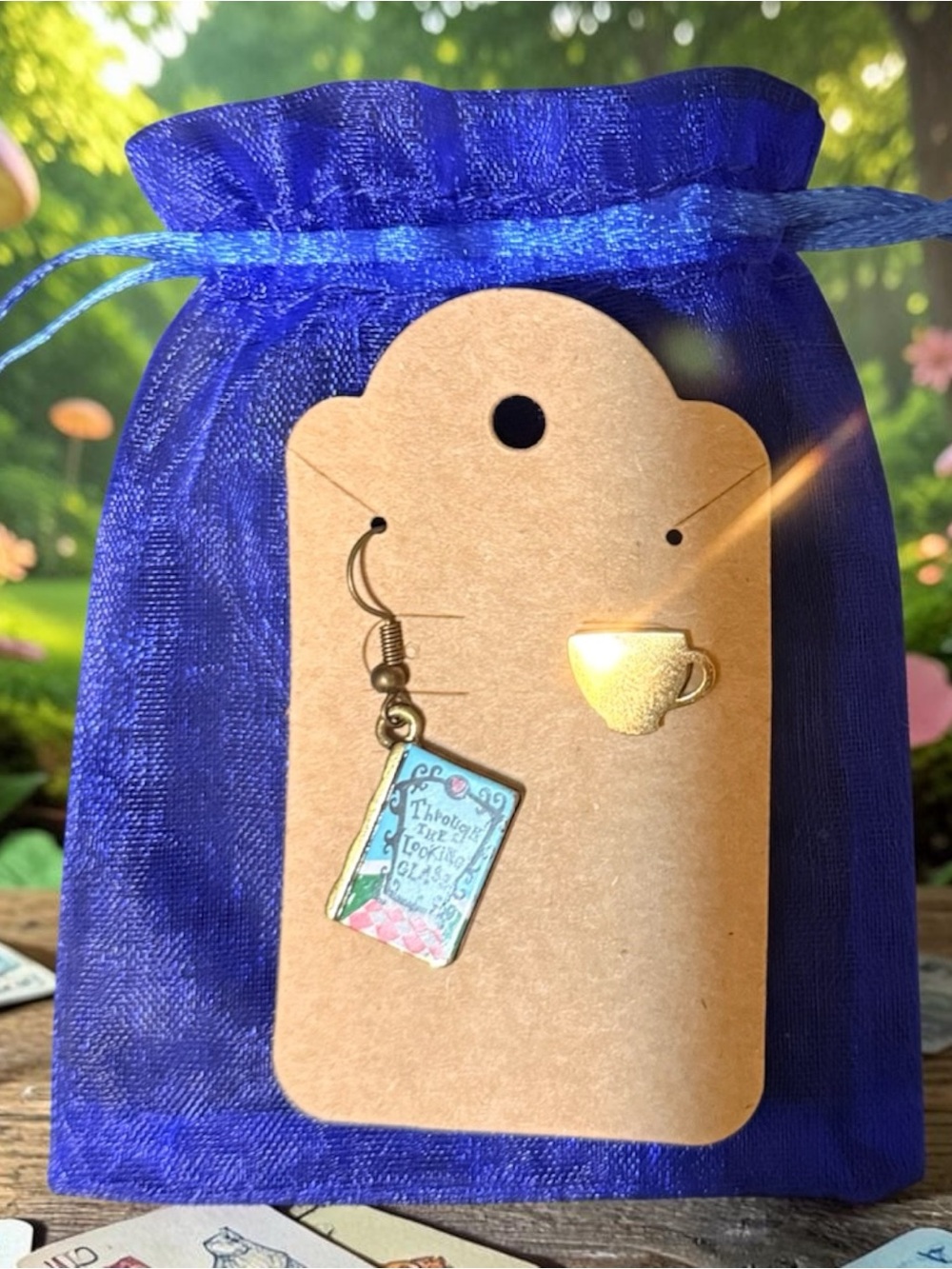Book & Teacup Charm Dangle Earrings in Blue and Gold - Women Jewelry